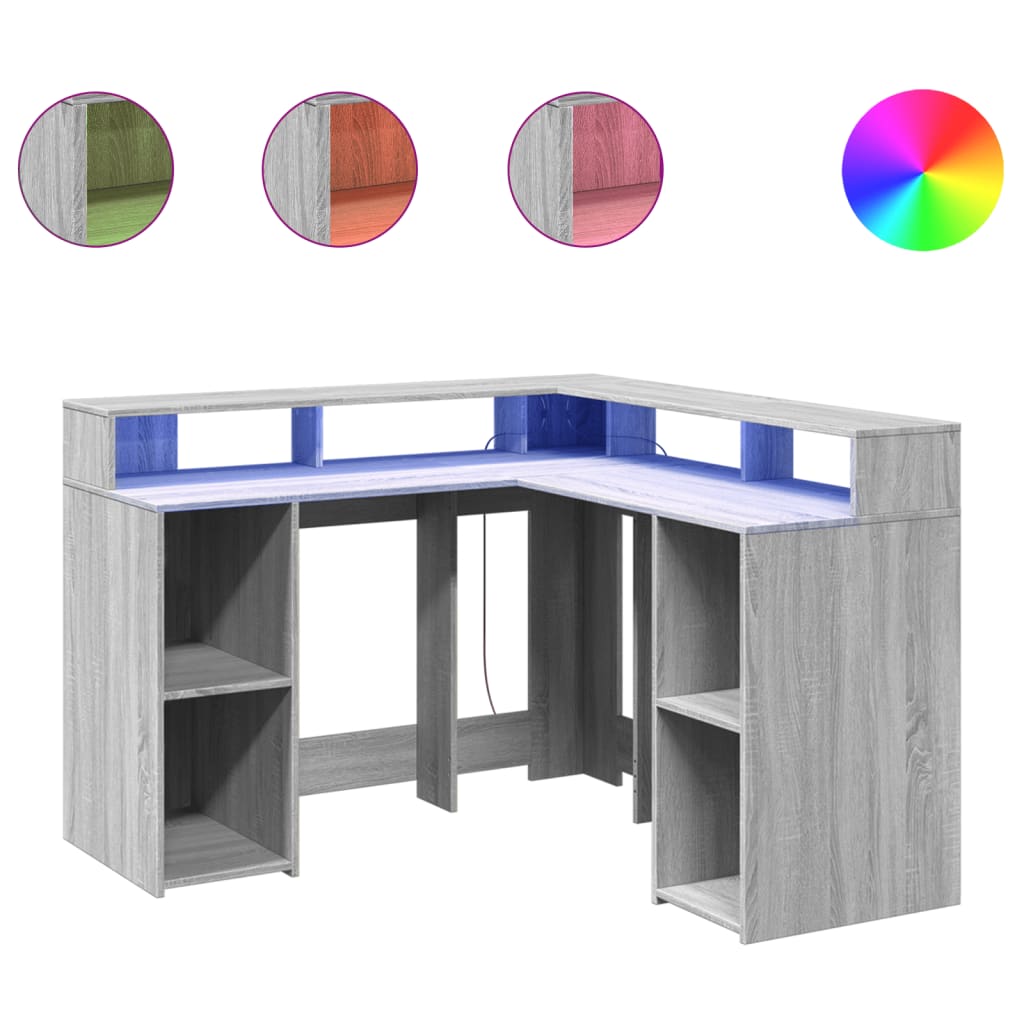Bureau et lumières LED sonoma gris 130x130x91cm bois ingénierie