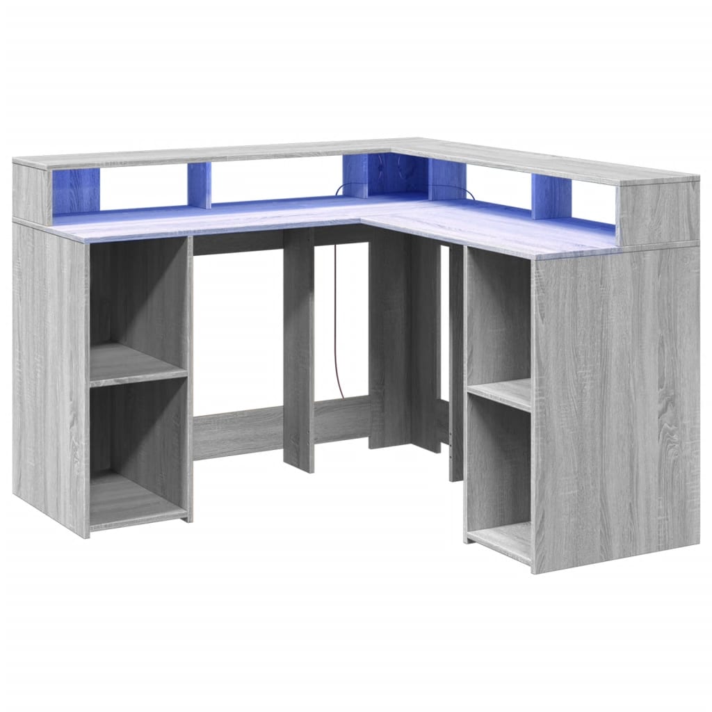 Bureau et lumières LED sonoma gris 130x130x91cm bois ingénierie