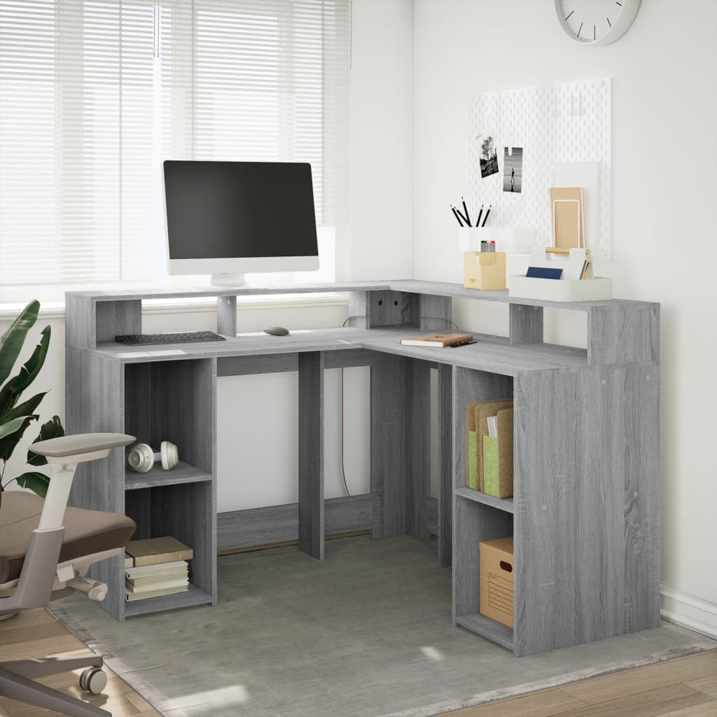 Bureau et lumières LED sonoma gris 130x130x91cm bois ingénierie