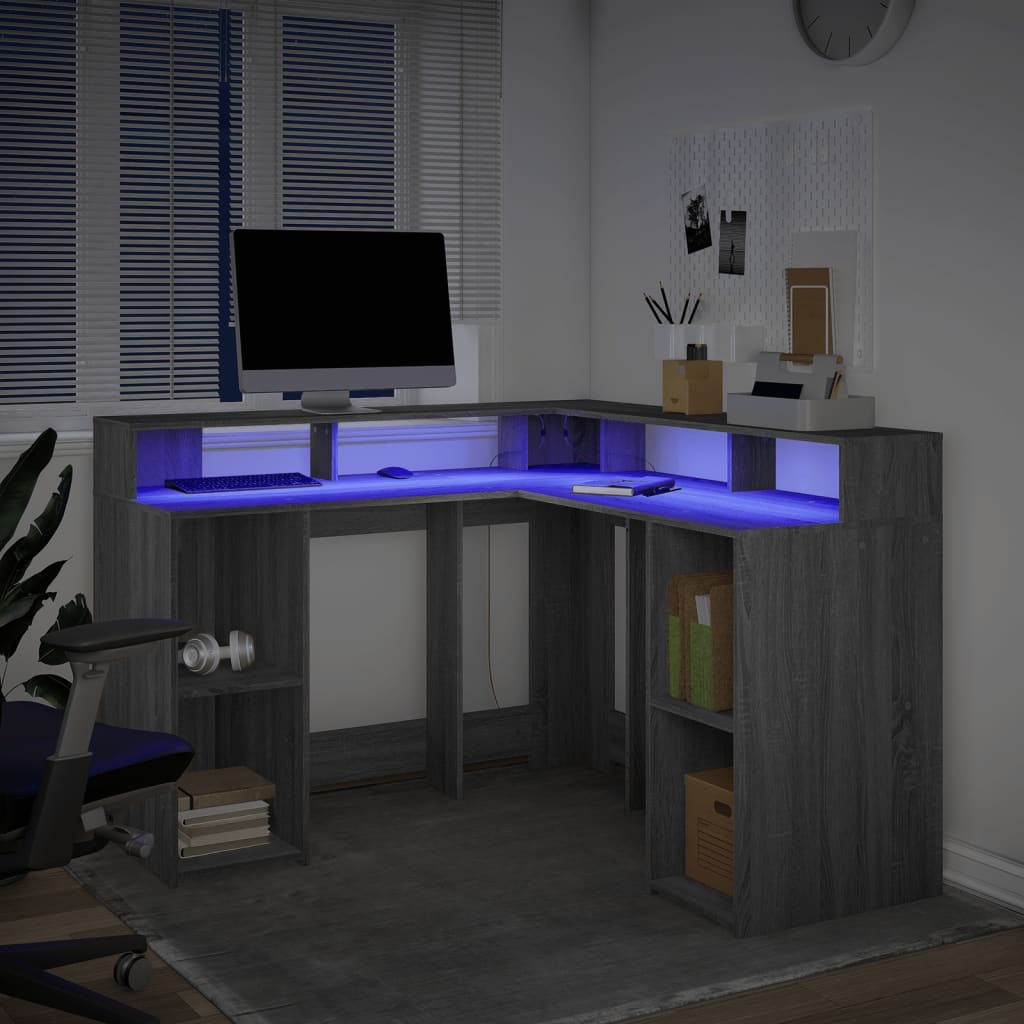 Bureau et lumières LED sonoma gris 130x130x91cm bois ingénierie