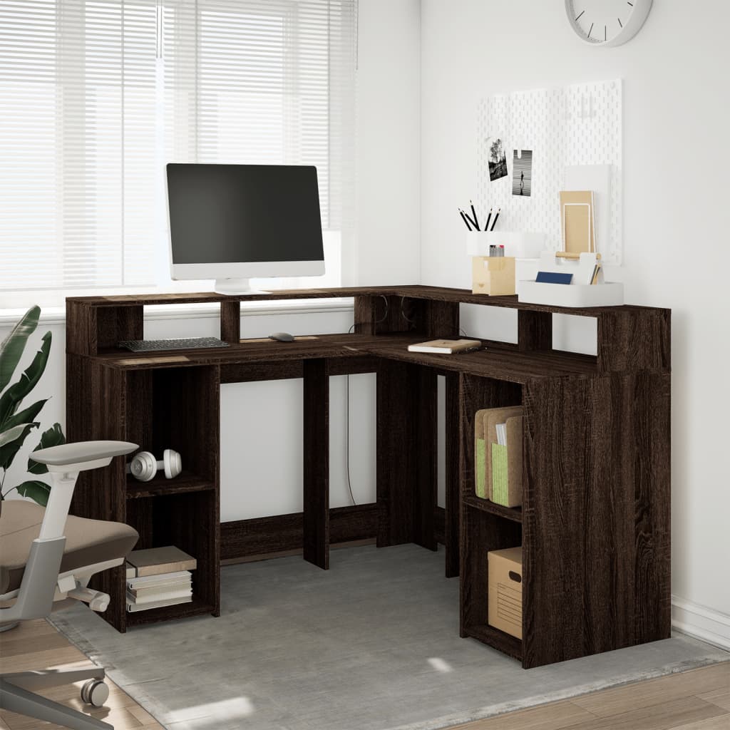 Bureau et lumières LED chêne marron bois d'ingénierie - XIOS