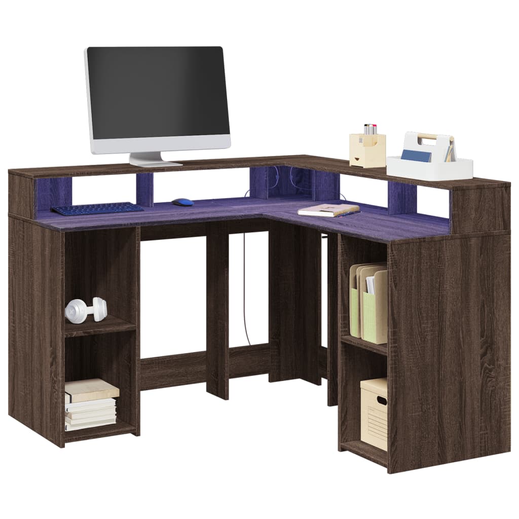 Bureau et lumières LED chêne marron bois d'ingénierie - XIOS