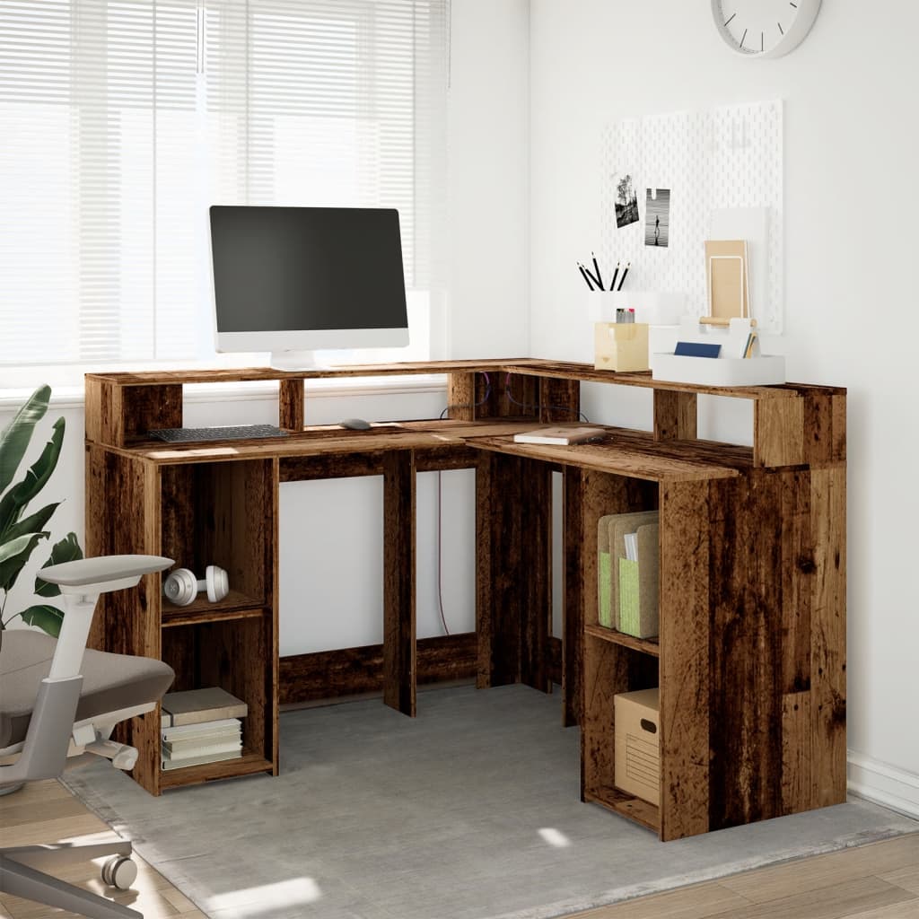 Bureau avec lumières LED vieux bois bois d'ingénierie