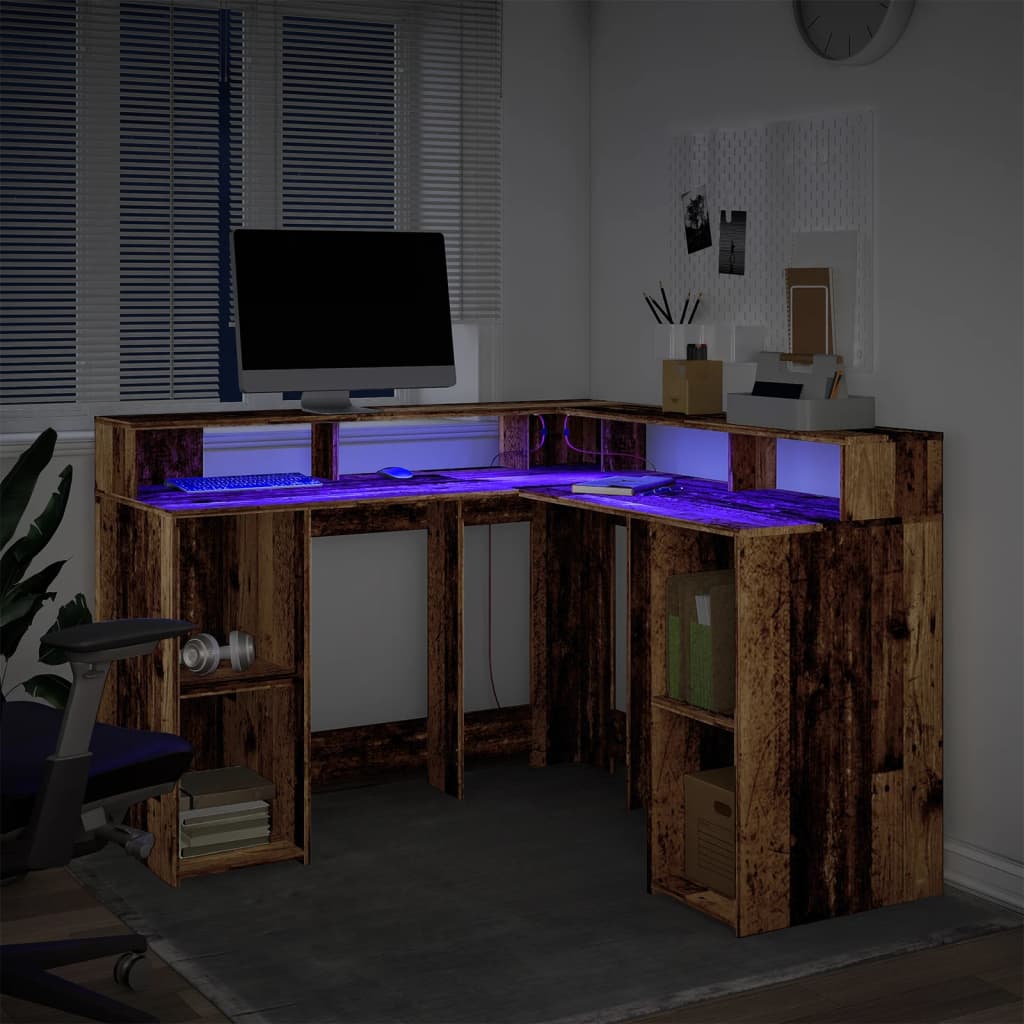 Bureau avec lumières LED vieux bois bois d'ingénierie