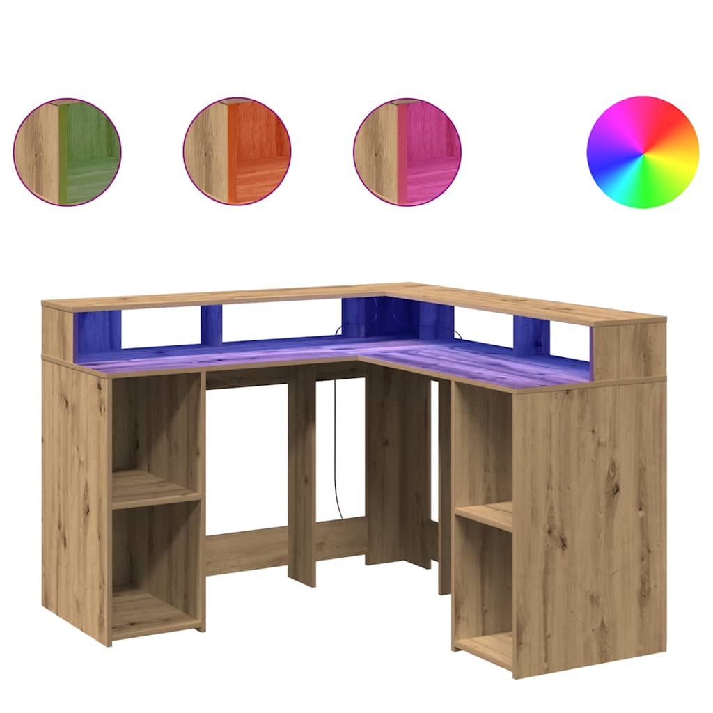 Bureau avec lumières LED chêne artisanal bois d'ingénierie