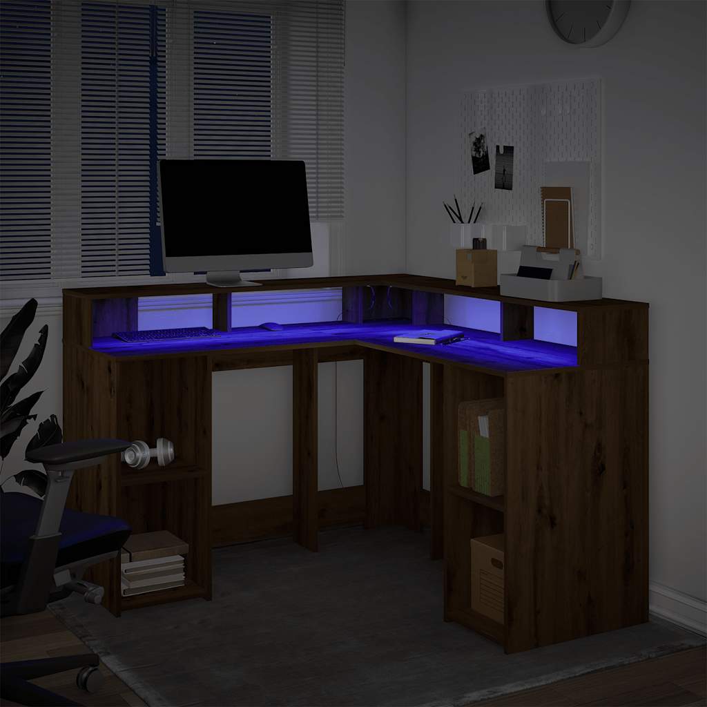Bureau avec lumières LED chêne artisanal bois d'ingénierie