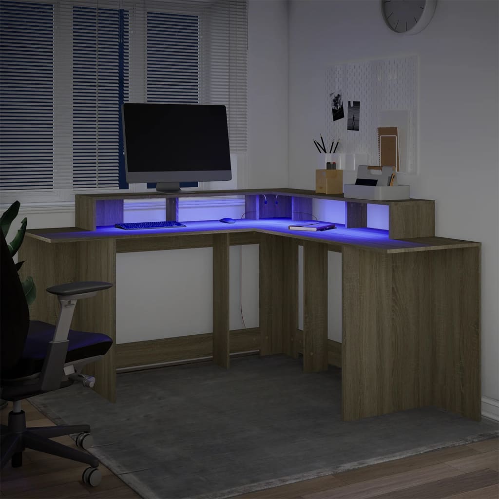 Bureau avec lumières LED chêne sonoma bois d'ingénierie - XIOS