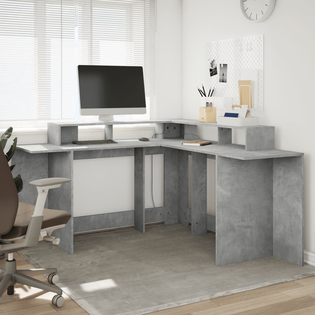 Bureau et lumières LED gris béton 152x152x91cm bois ingénierie - XIOS