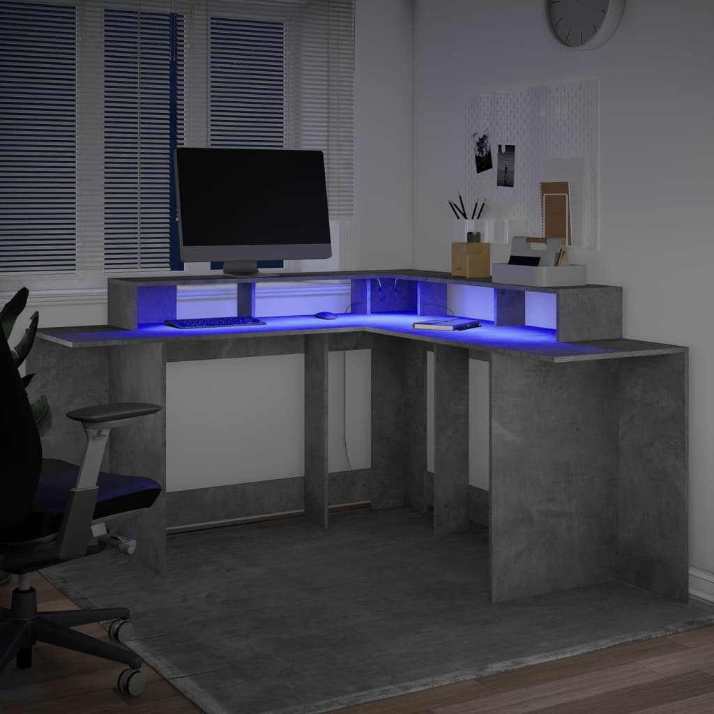 Bureau et lumières LED gris béton 152x152x91cm bois ingénierie - XIOS