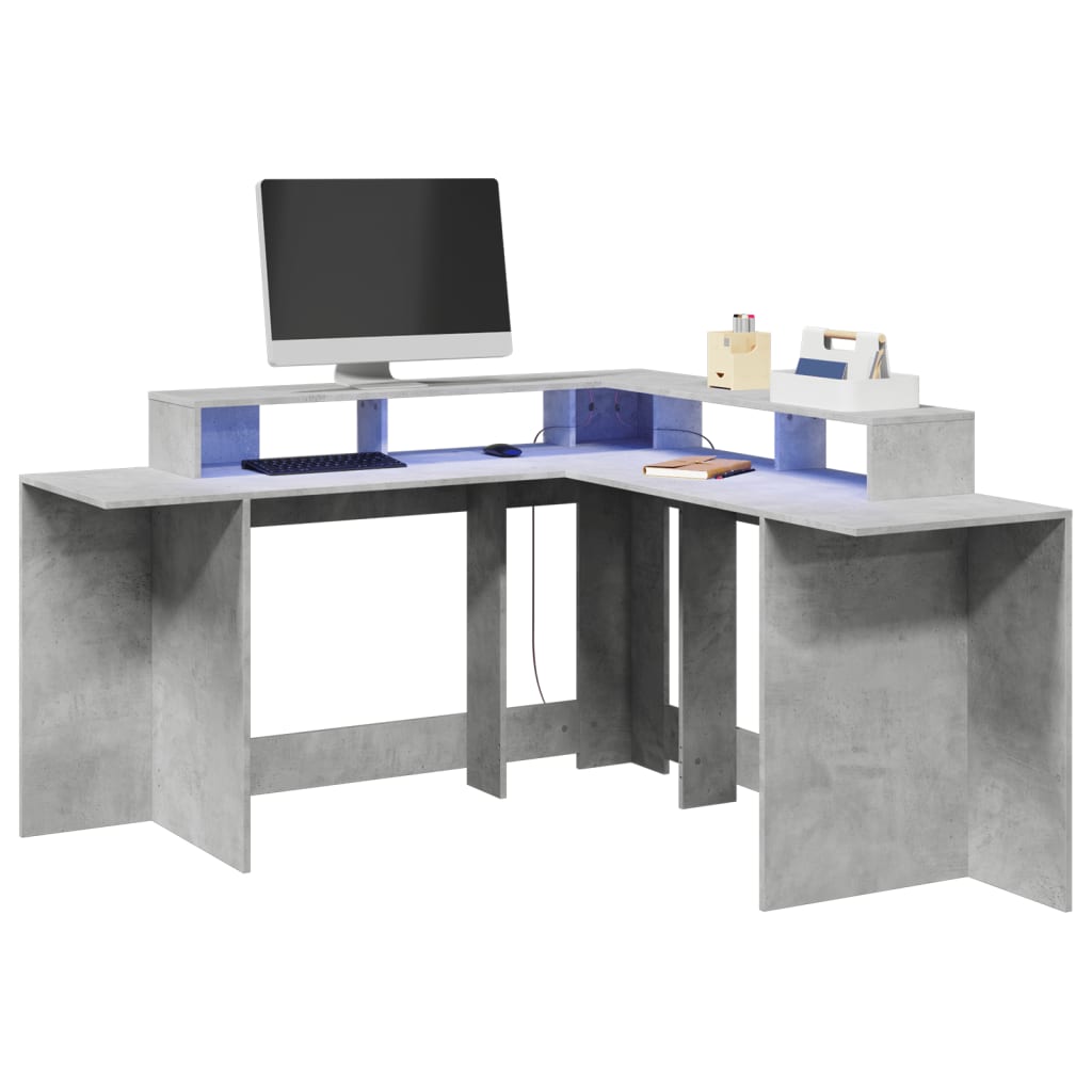 Bureau et lumières LED gris béton 152x152x91cm bois ingénierie - XIOS