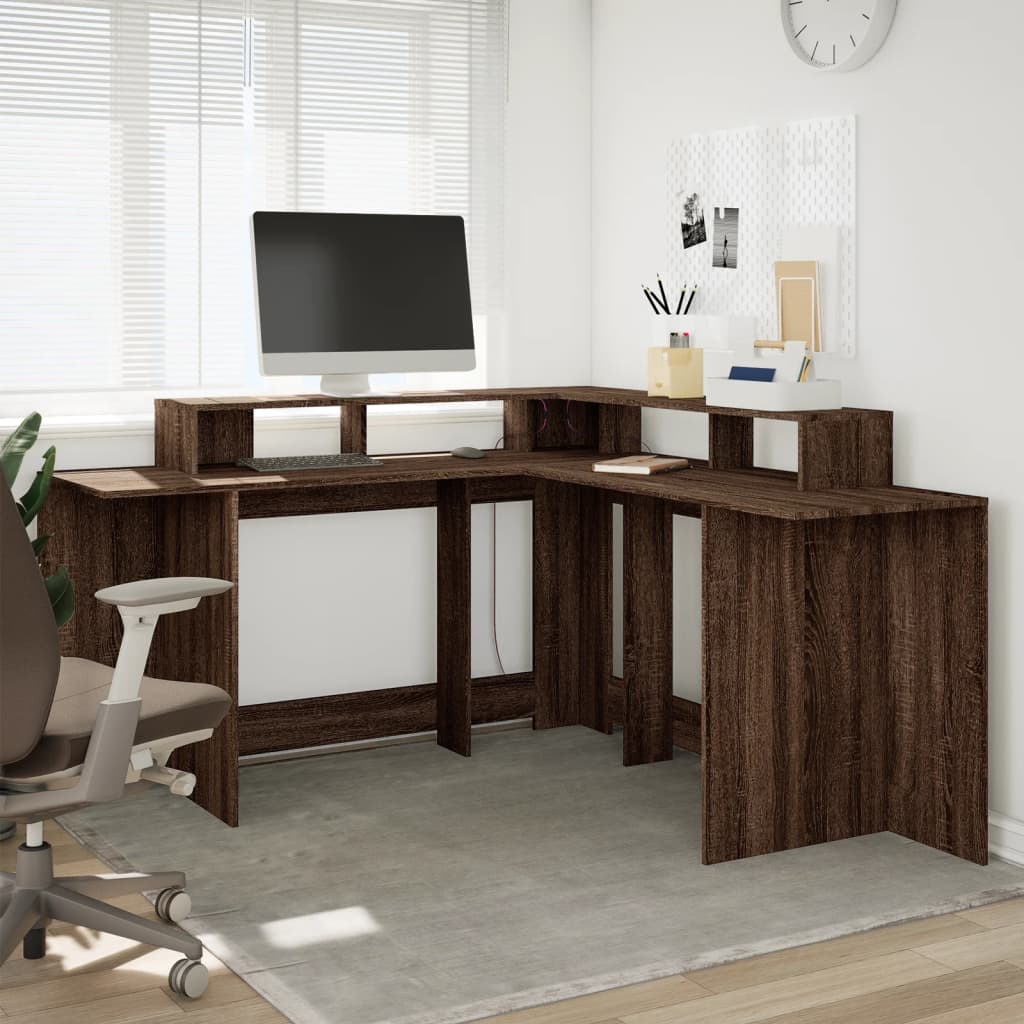 Bureau et lumières LED chêne marron bois d'ingénierie - XIOS