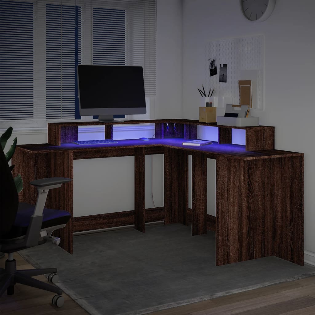 Bureau et lumières LED chêne marron bois d'ingénierie - XIOS