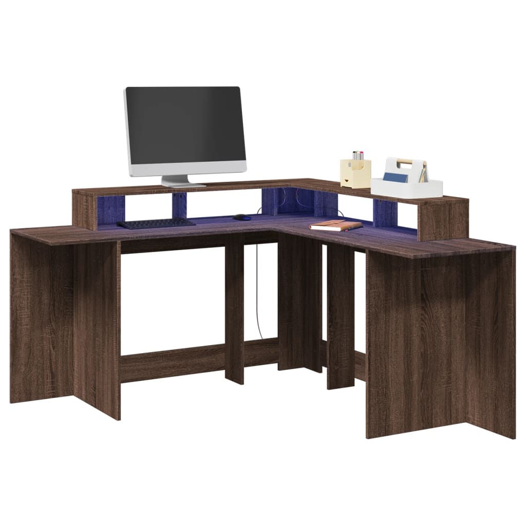 Bureau et lumières LED chêne marron bois d'ingénierie - XIOS