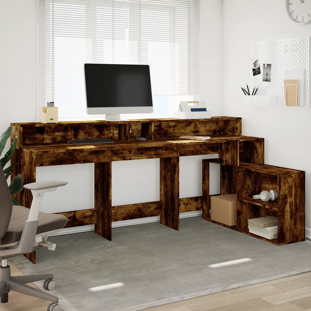 Bureau et lumières LED chêne fumé 200x104x91cm bois ingénierie - XIOS