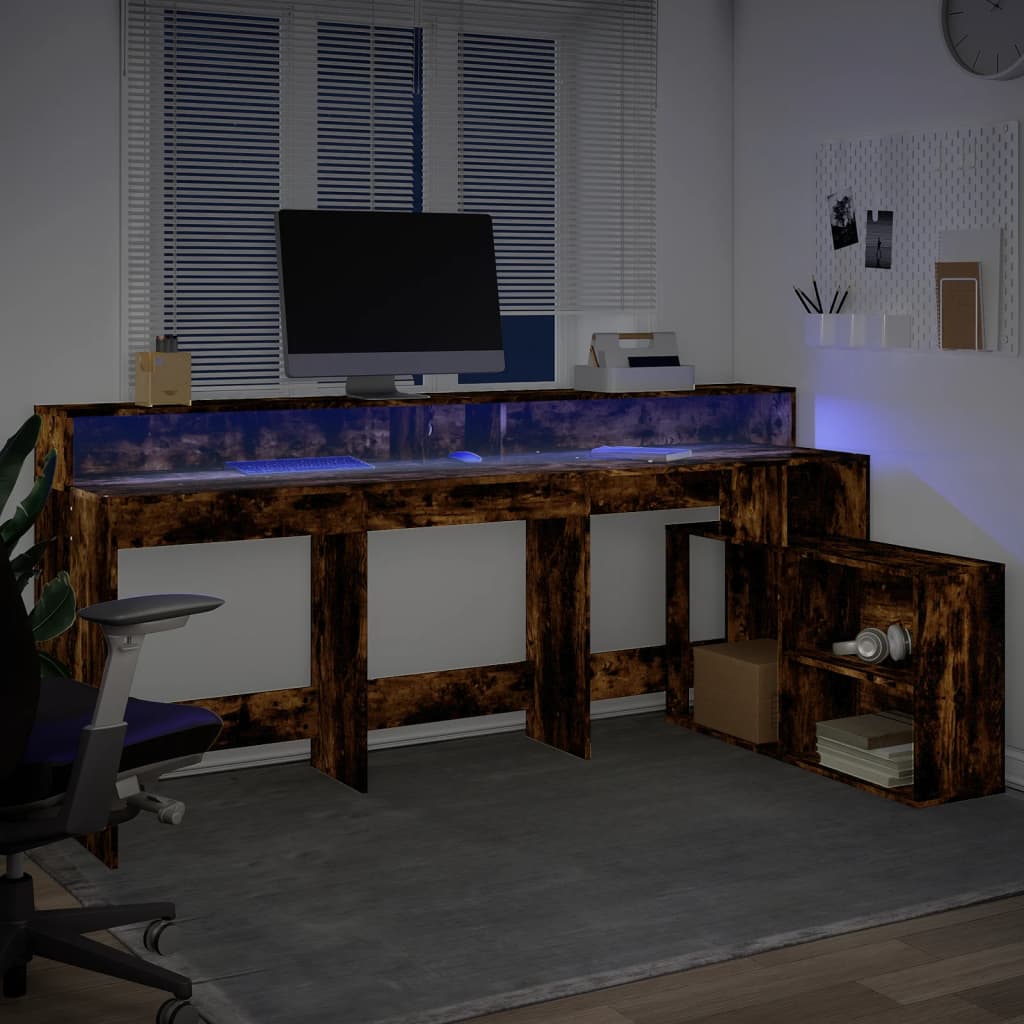 Bureau et lumières LED chêne fumé 200x104x91cm bois ingénierie - XIOS