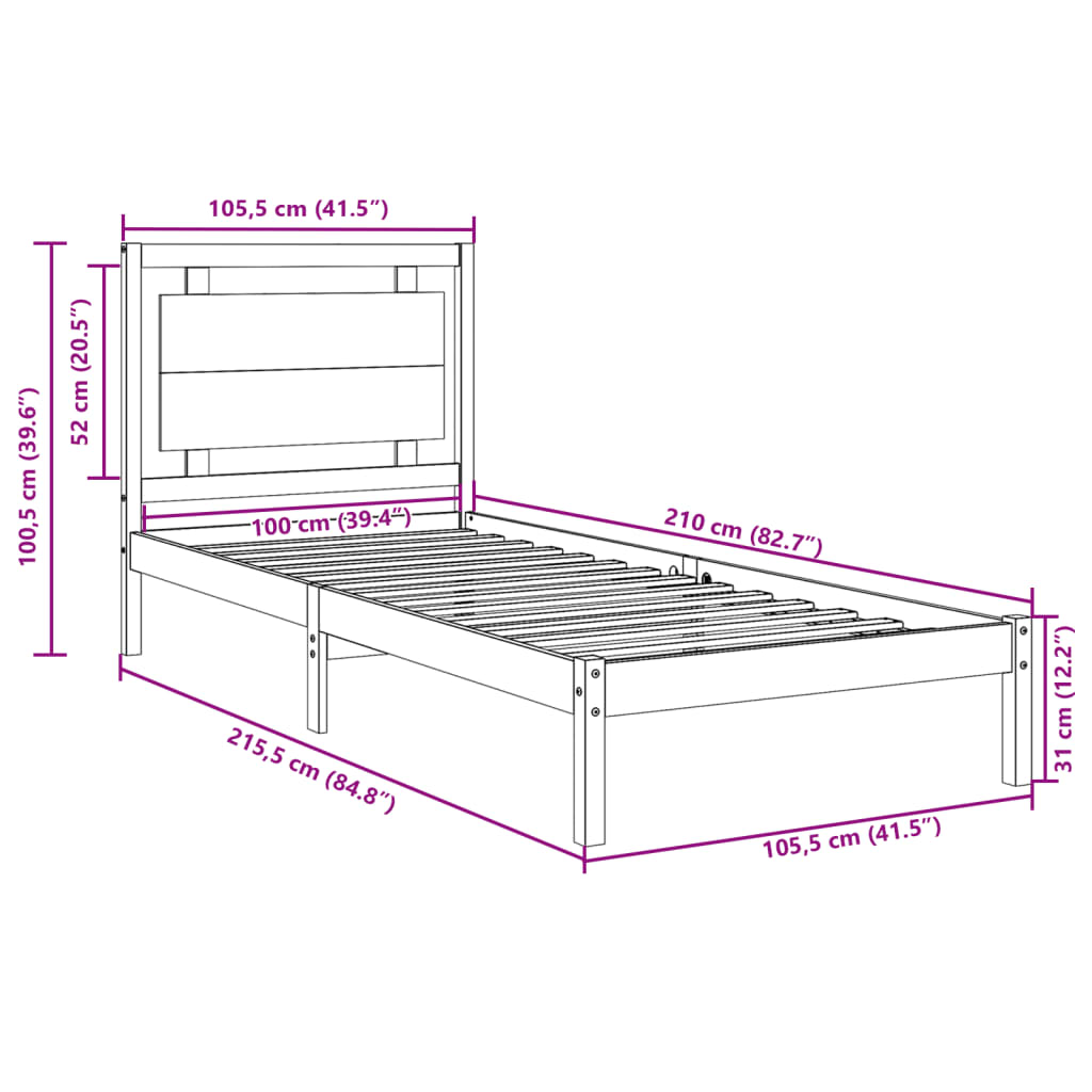 Cadre de lit extra long sans matelas 100x210 cm bois massif - XIOS
