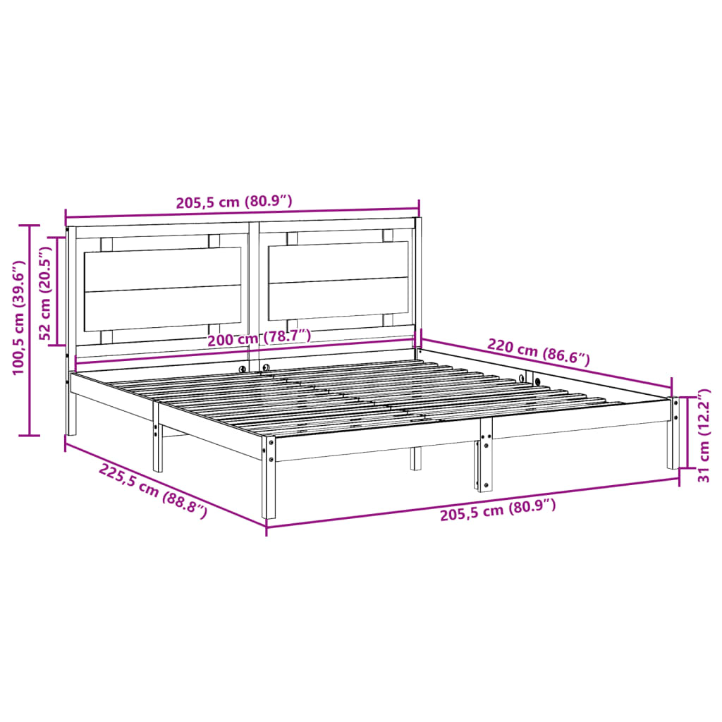 Cadre de lit extra long sans matelas 200x220 cm bois massif - XIOS