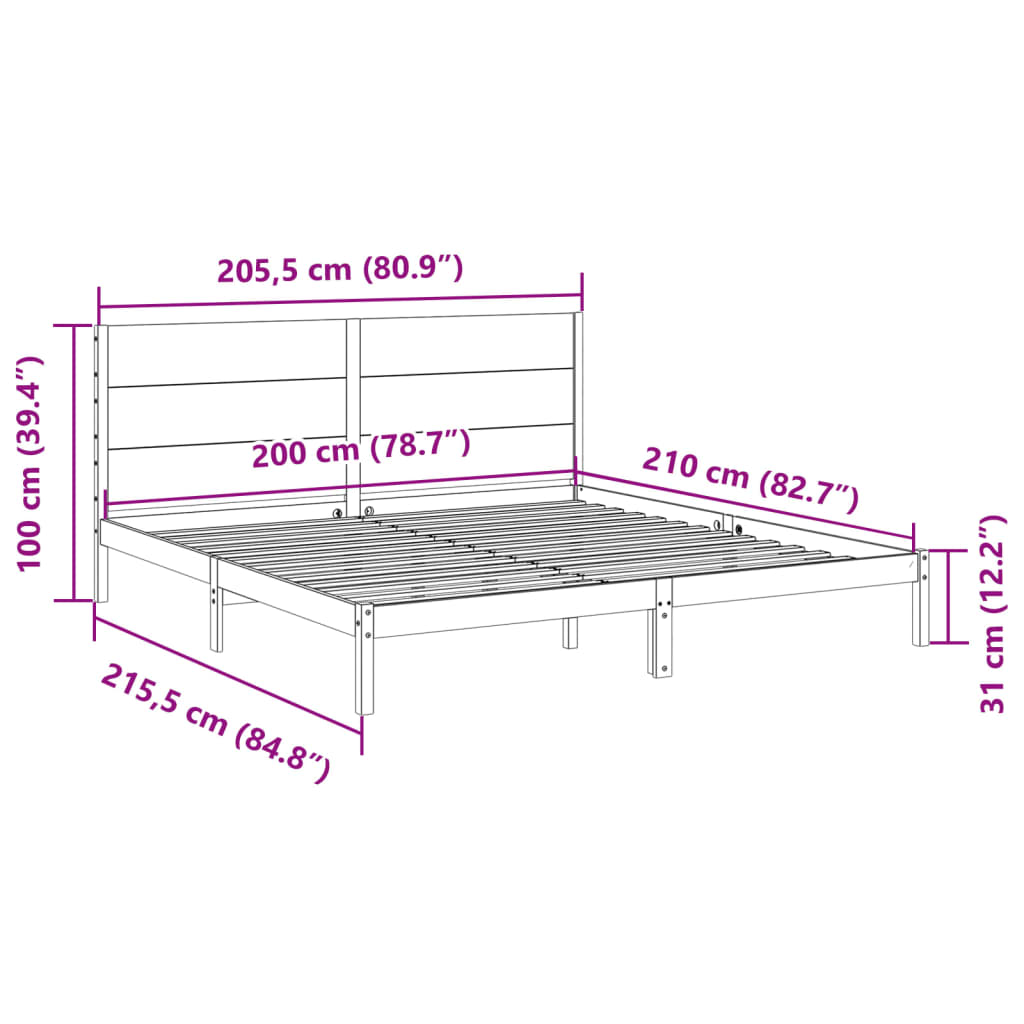 Cadre de lit extra long sans matelas 200x210 cm bois massif - XIOS