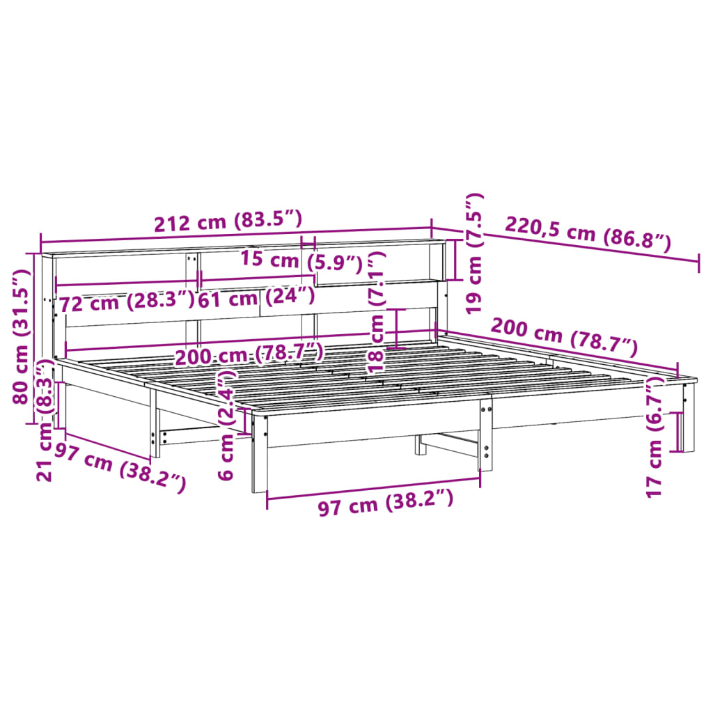 Cadre de lit sans matelas cire marron 200x200cm bois pin massif - XIOS