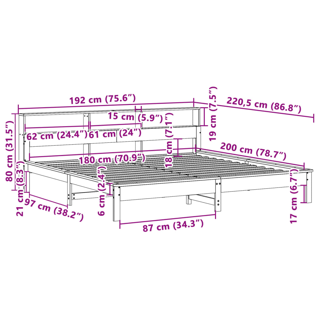 Cadre de lit sans matelas cire marron 180x200cm bois pin massif - XIOS