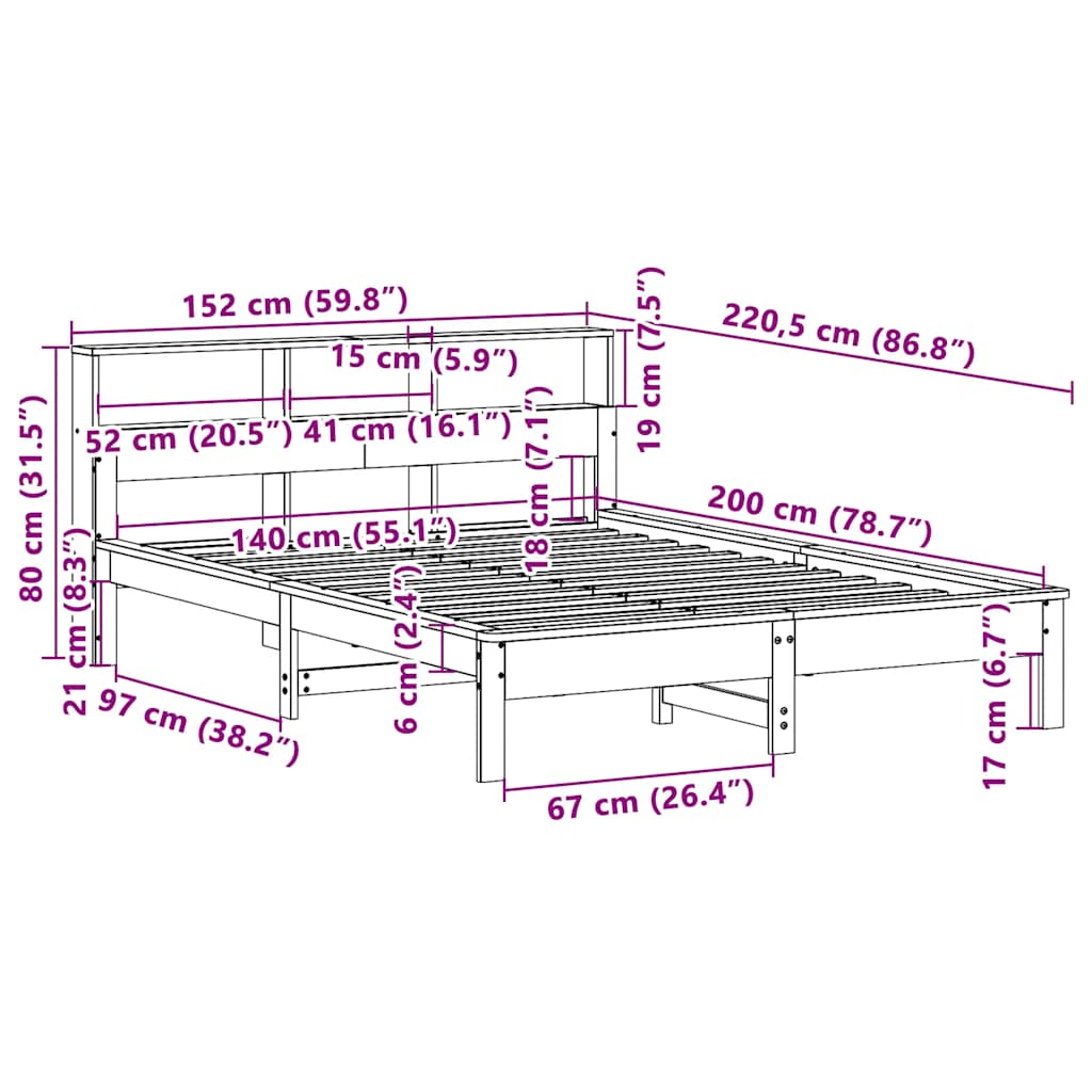 Cadre de lit sans matelas cire marron 140x200cm bois pin massif - XIOS