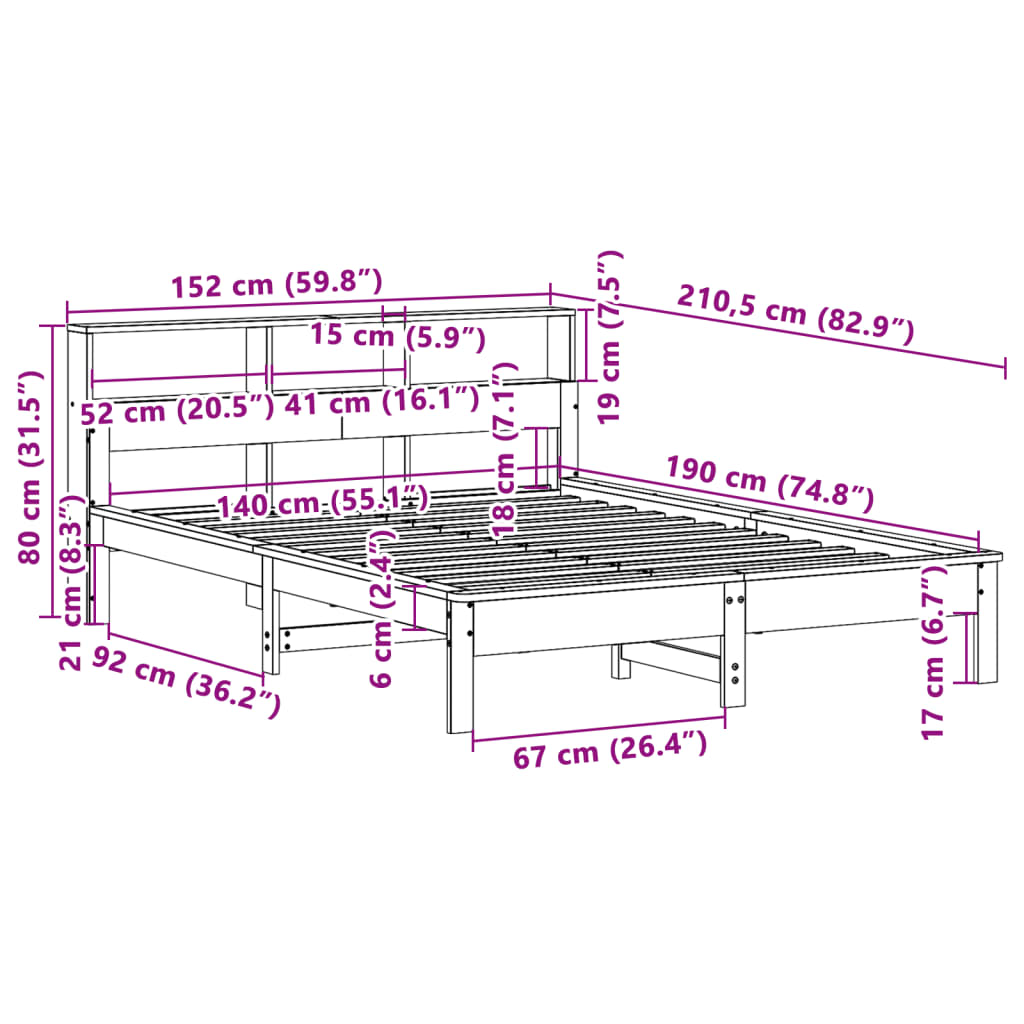 Cadre de lit sans matelas cire marron 140x190cm bois pin massif - XIOS