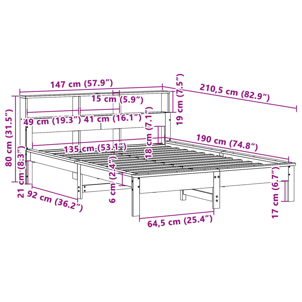 Cadre de lit sans matelas cire marron 135x190cm bois pin massif - XIOS