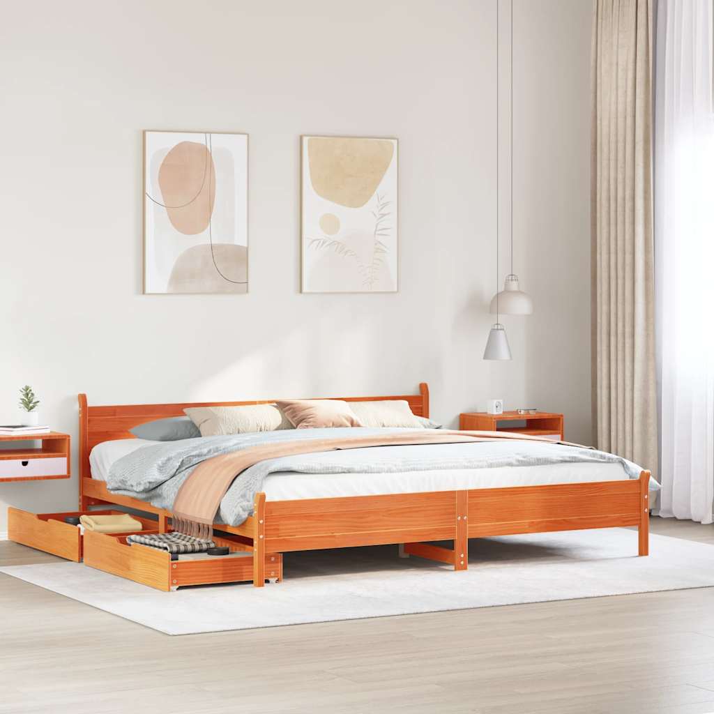 Cadre de lit sans matelas cire marron 200x200cm bois pin massif - XIOS