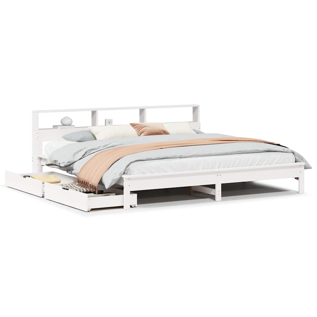 Lit bibliothèque sans matelas blanc 200x200 cm bois pin massif