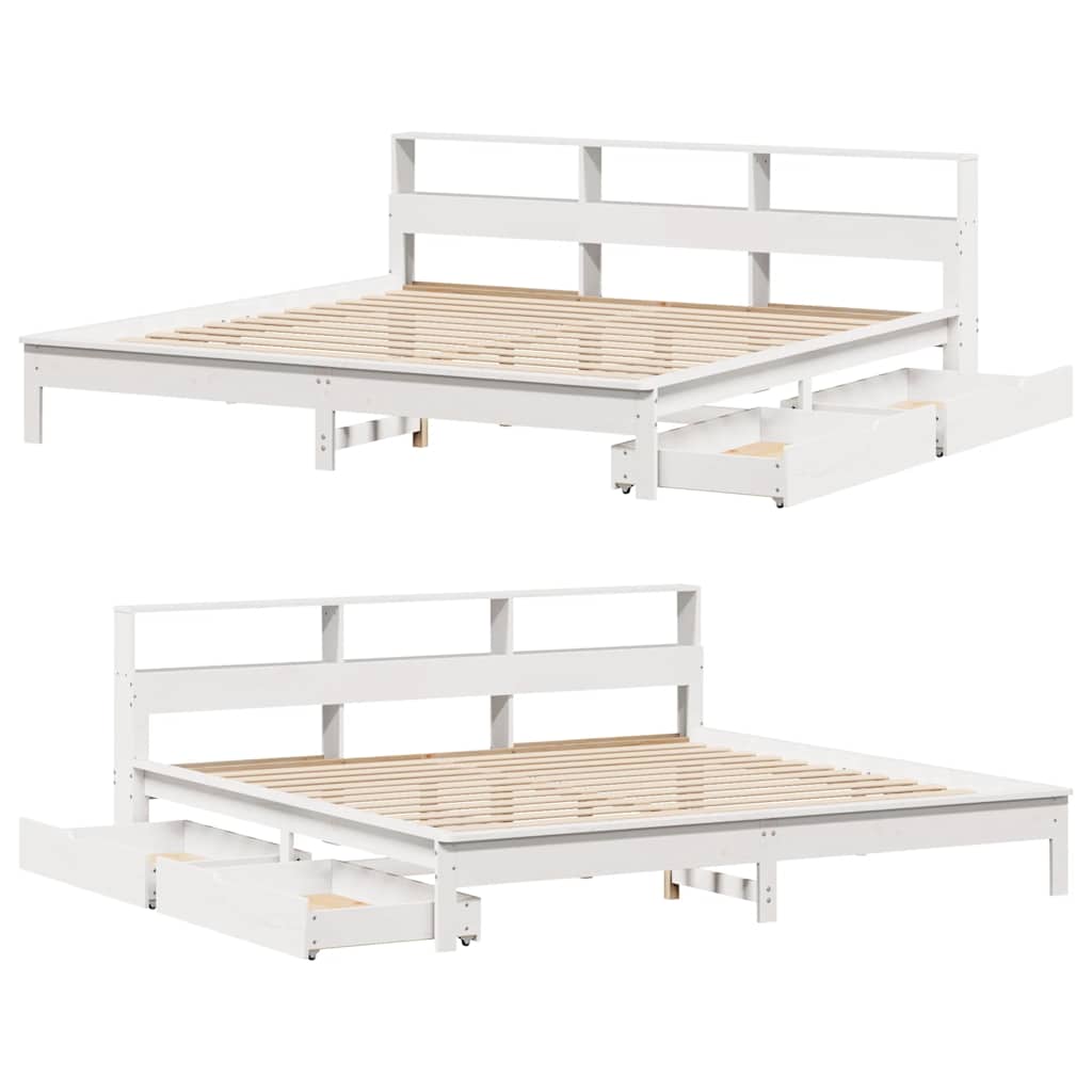 Lit bibliothèque sans matelas blanc 200x200 cm bois pin massif