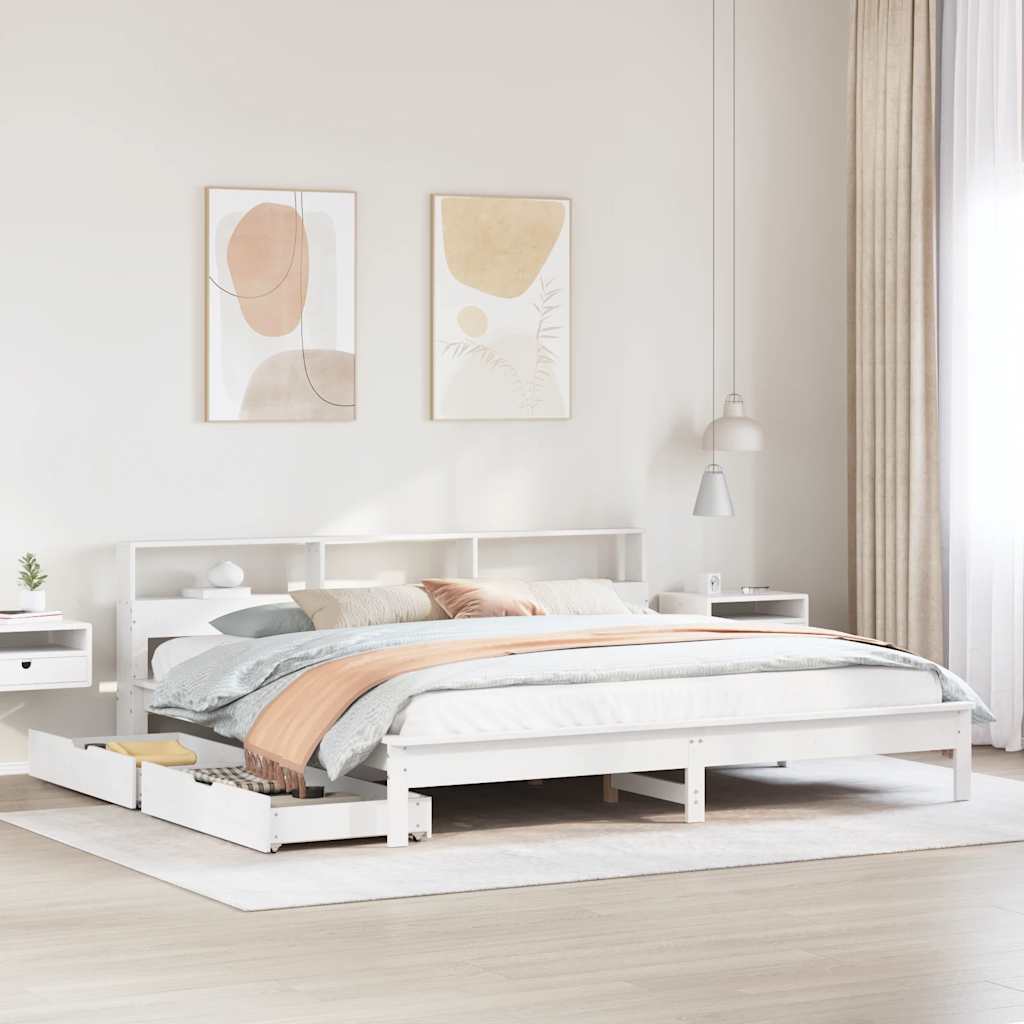 Lit bibliothèque sans matelas blanc 200x200 cm bois pin massif