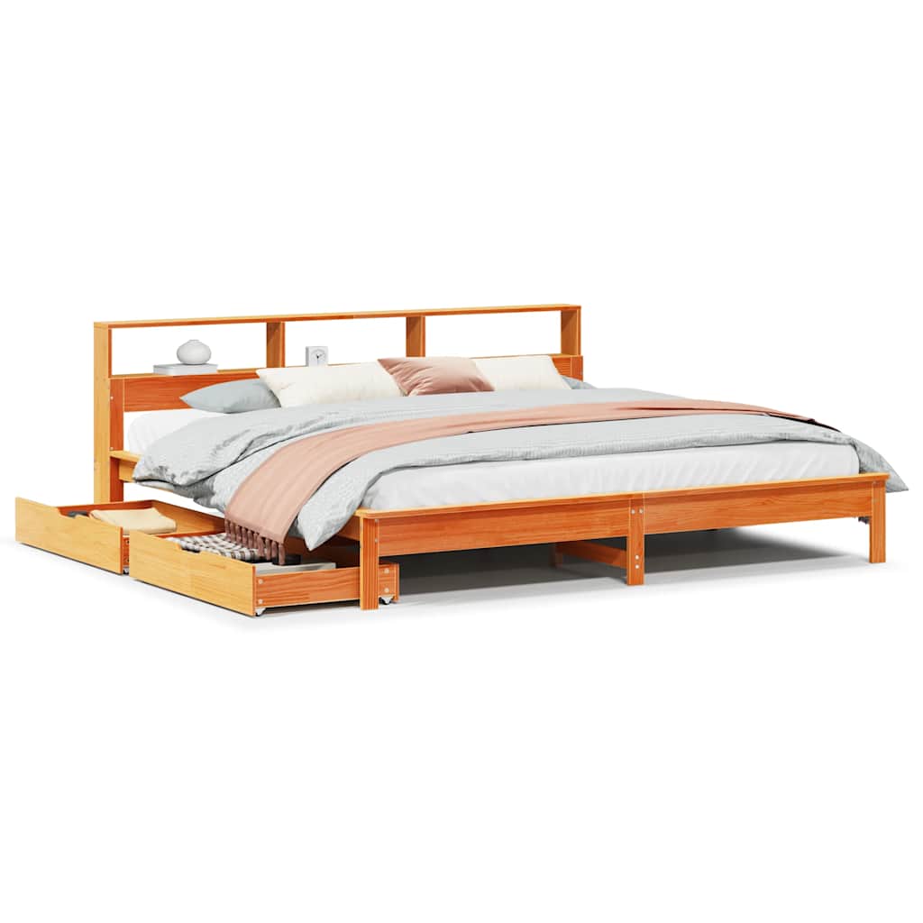 Lit bibliothèque sans matelas cire marron 200x200 cm pin massif - XIOS