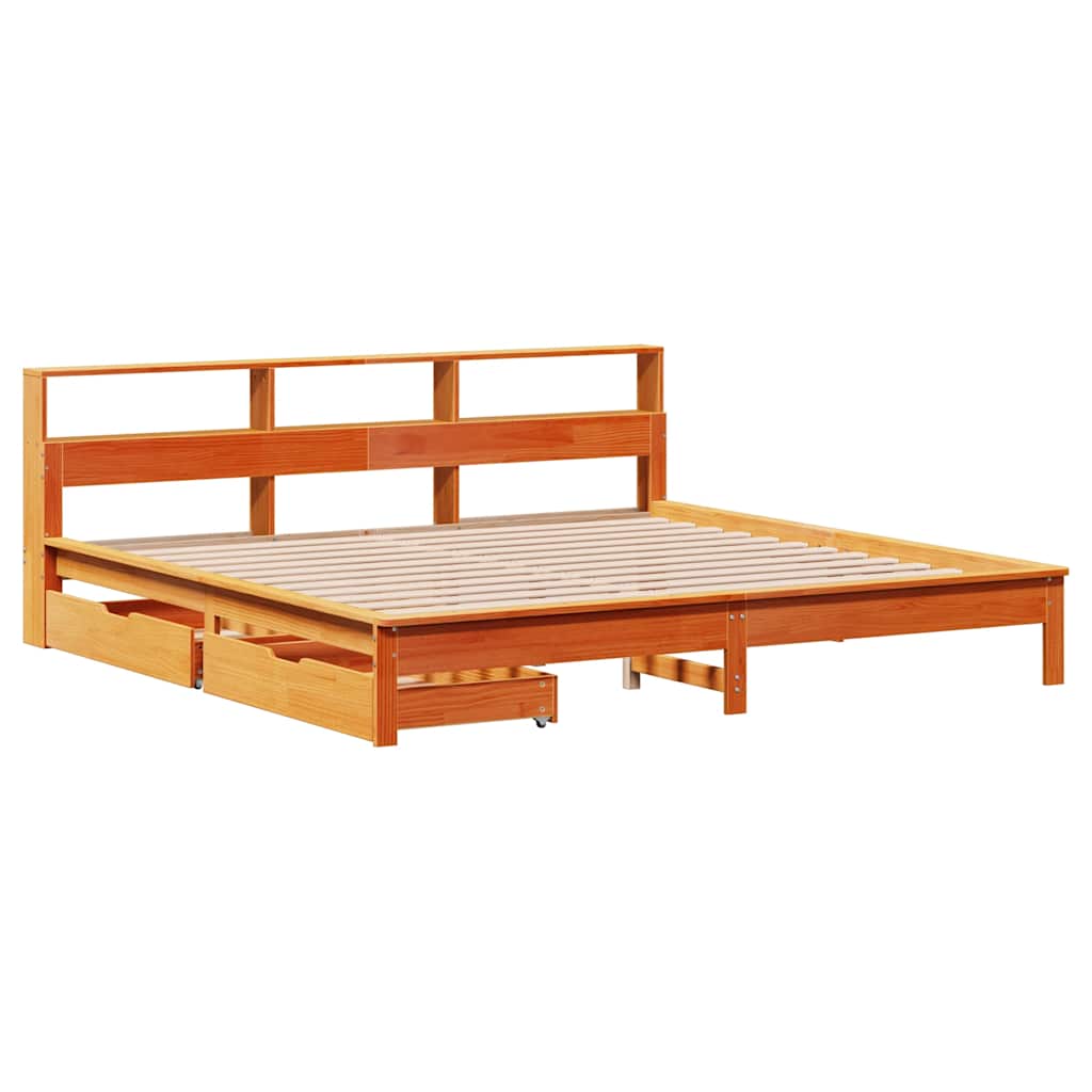 Lit bibliothèque sans matelas cire marron 200x200 cm pin massif - XIOS