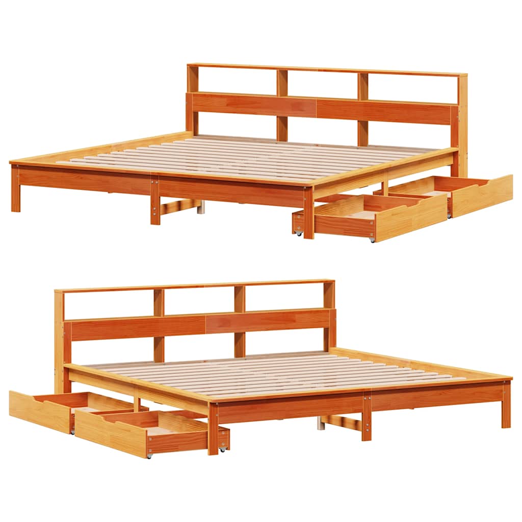 Lit bibliothèque sans matelas cire marron 180x200 cm pin massif - XIOS