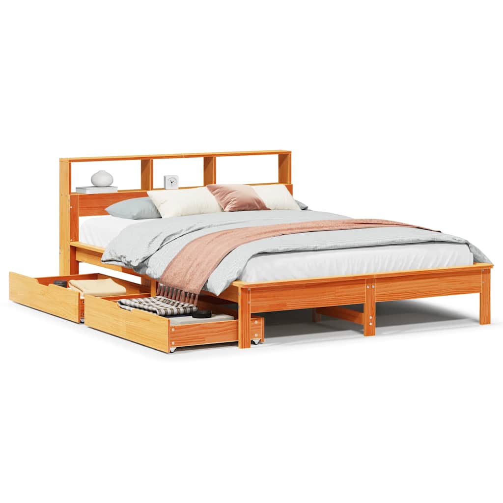 Lit bibliothèque sans matelas cire marron 140x200 cm pin massif - XIOS