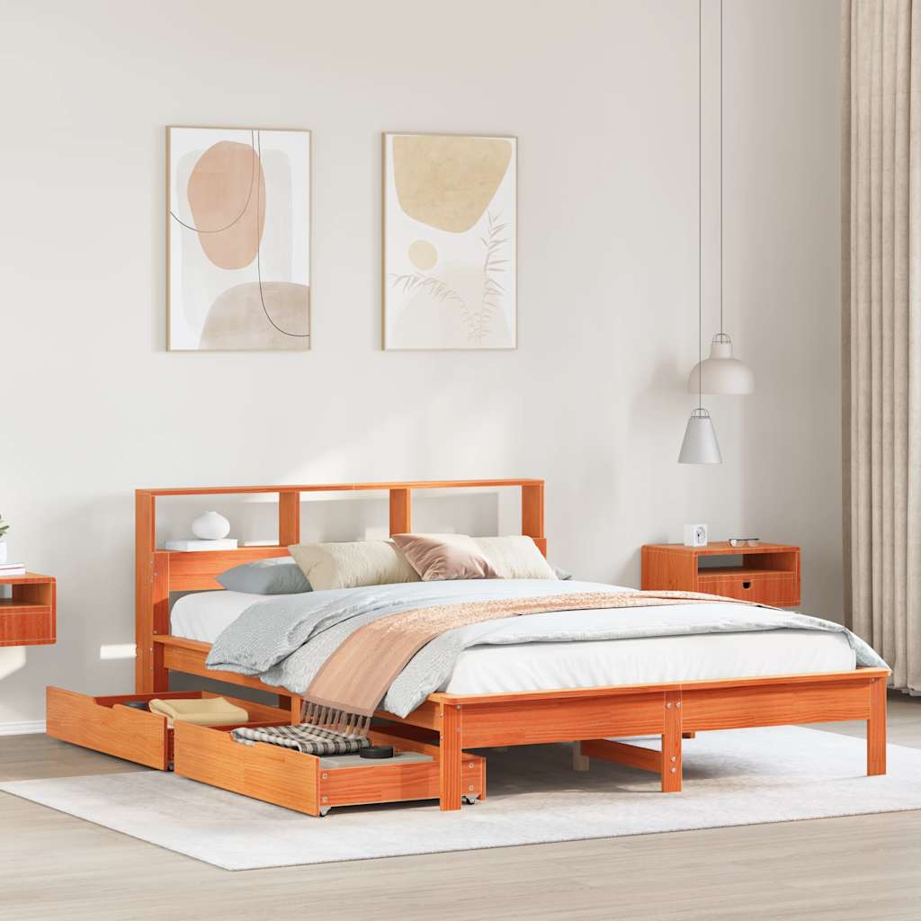 Lit bibliothèque sans matelas cire marron 140x200 cm pin massif - XIOS