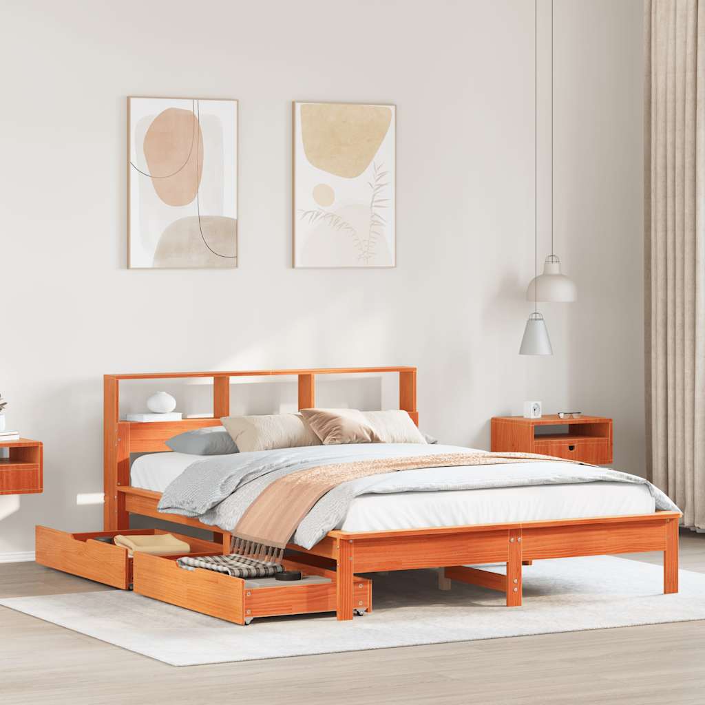 Lit bibliothèque sans matelas cire marron 120x200 cm pin massif - XIOS