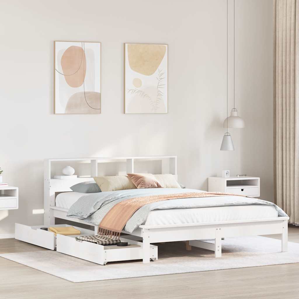 Lit bibliothèque sans matelas blanc 135x190 cm bois pin massif - XIOS