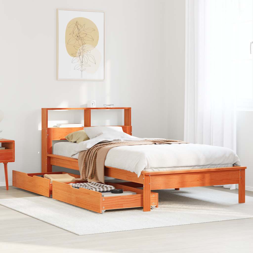 Lit bibliothèque sans matelas cire marron 90x190 cm pin massif - XIOS