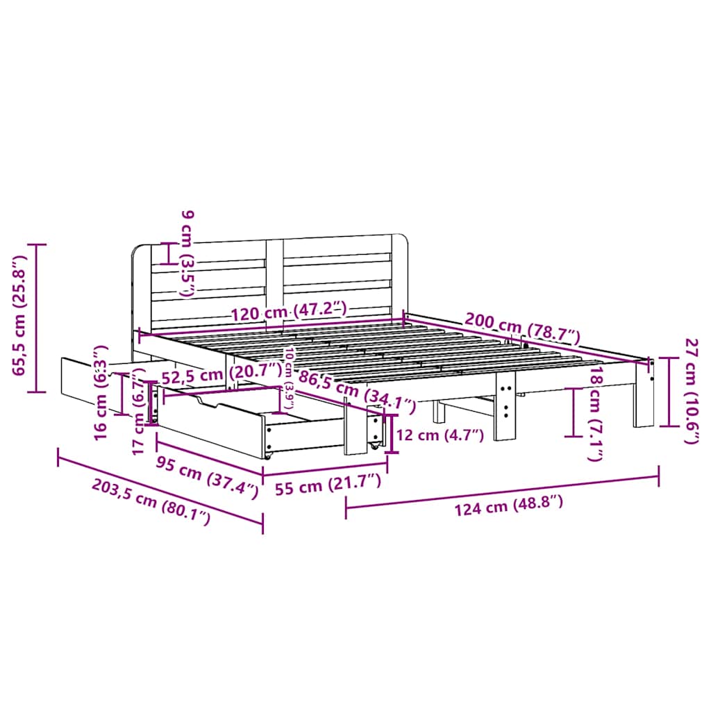 Cadre de lit sans matelas cire marron 120x200cm bois pin massif - XIOS
