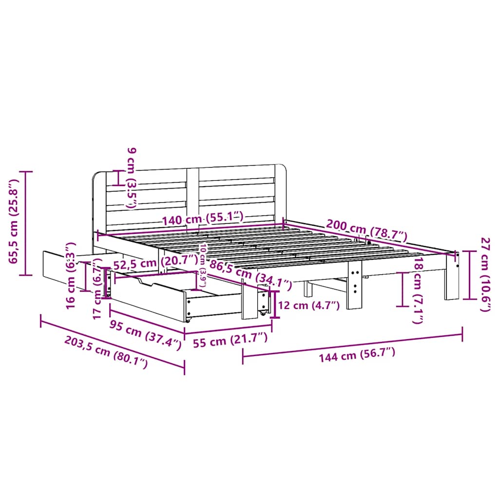 Cadre de lit sans matelas cire marron 140x200cm bois pin massif - XIOS