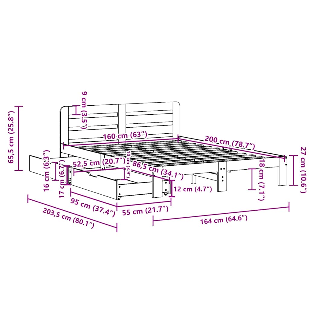 Cadre de lit sans matelas cire marron 160x200cm bois pin massif - XIOS