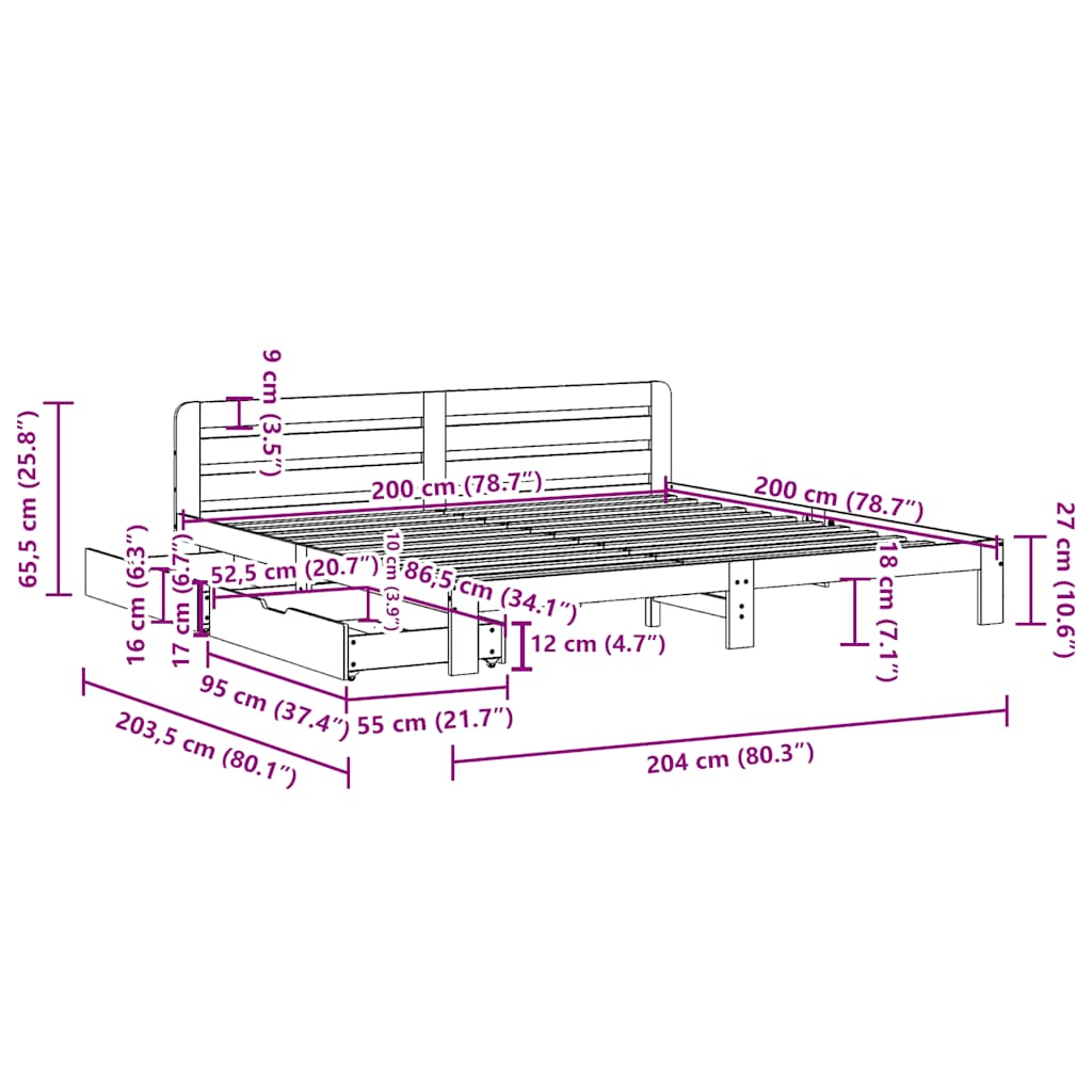 Cadre de lit sans matelas blanc 200x200 cm bois massif de pin - XIOS