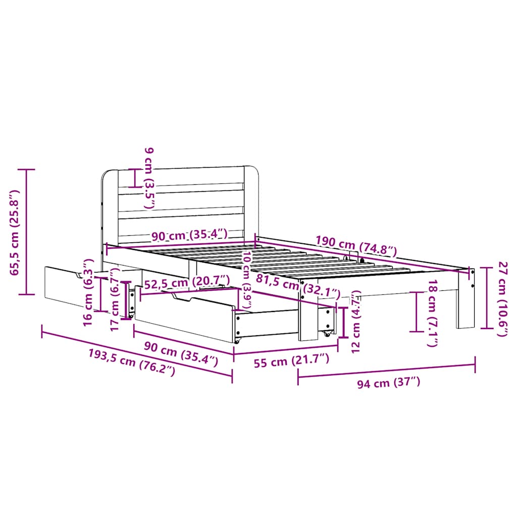 Cadre de lit sans matelas 90x190 cm bois de pin massif - XIOS