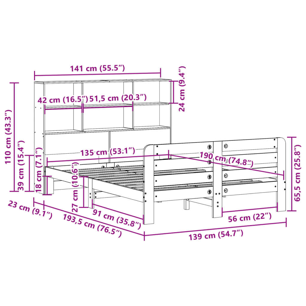 Cadre de lit sans matelas cire marron 135x190cm bois pin massif - XIOS