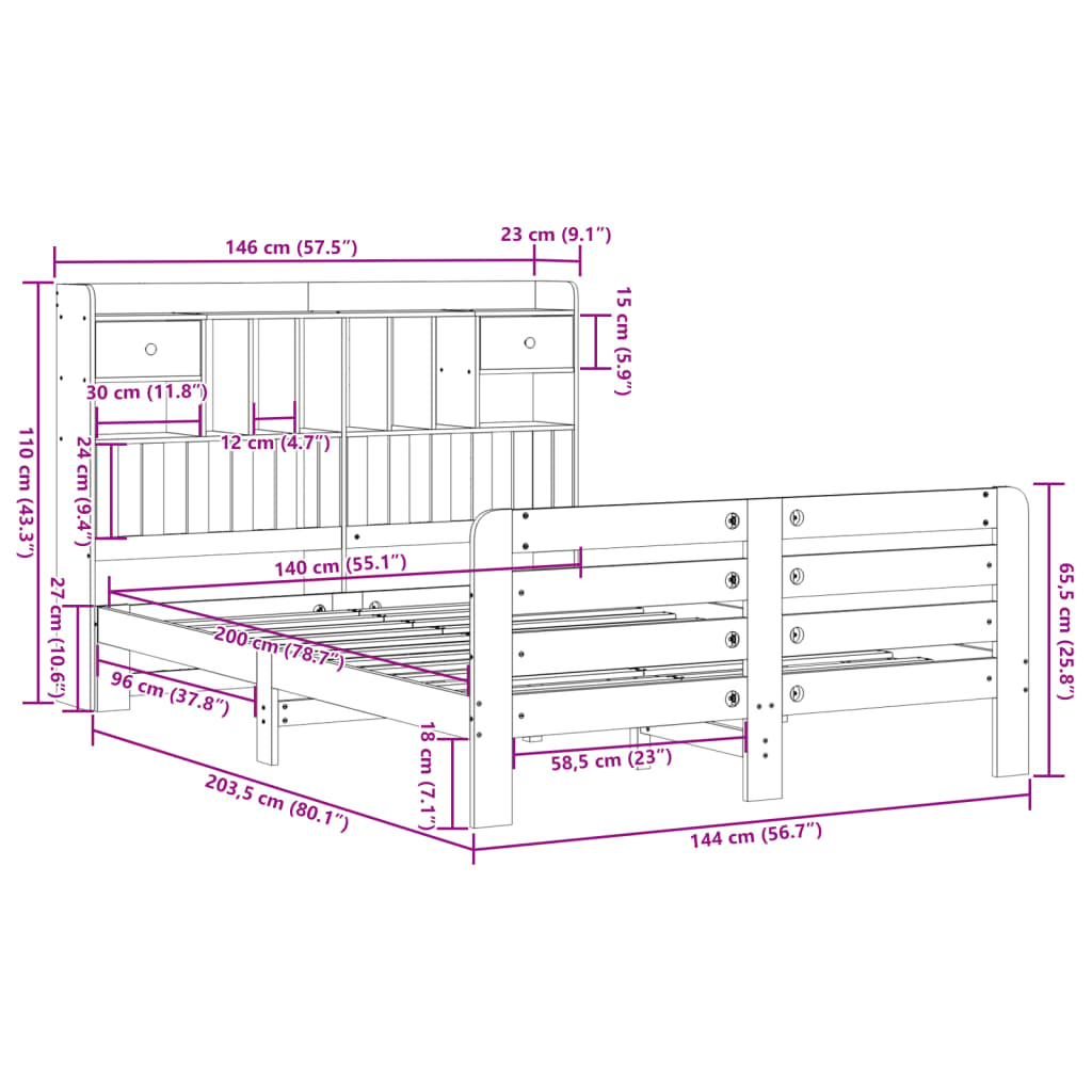 Lit bibliothèque sans matelas blanc 140x200 cm bois pin massif - XIOS