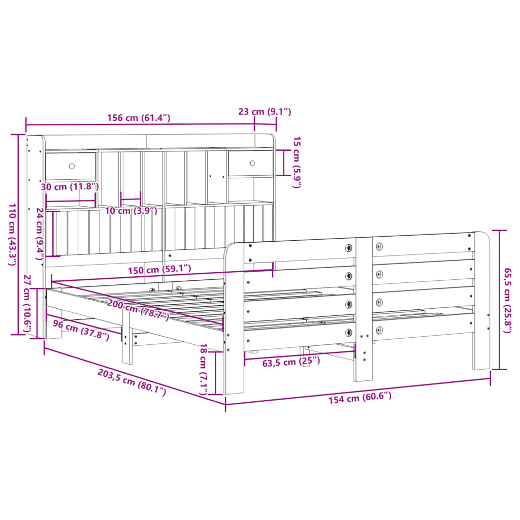 Lit bibliothèque sans matelas cire marron 150x200 cm pin massif - XIOS
