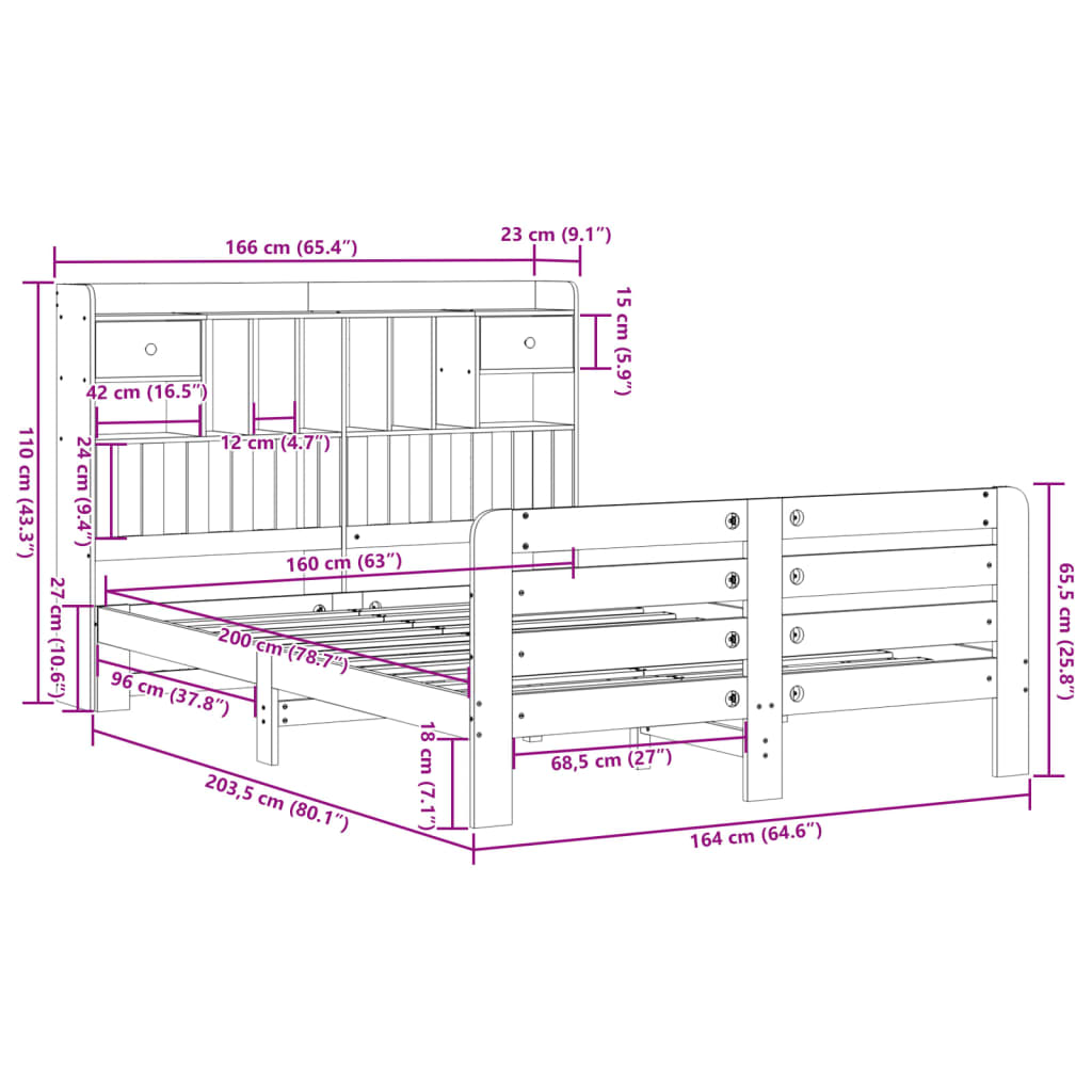 Lit bibliothèque sans matelas blanc 160x200 cm bois pin massif - XIOS