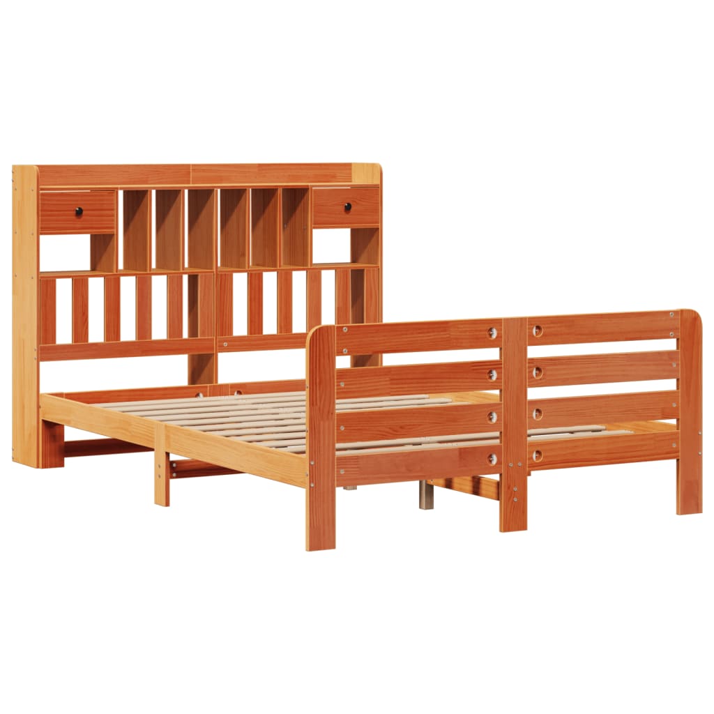 Lit bibliothèque sans matelas cire marron 160x200 cm pin massif - XIOS