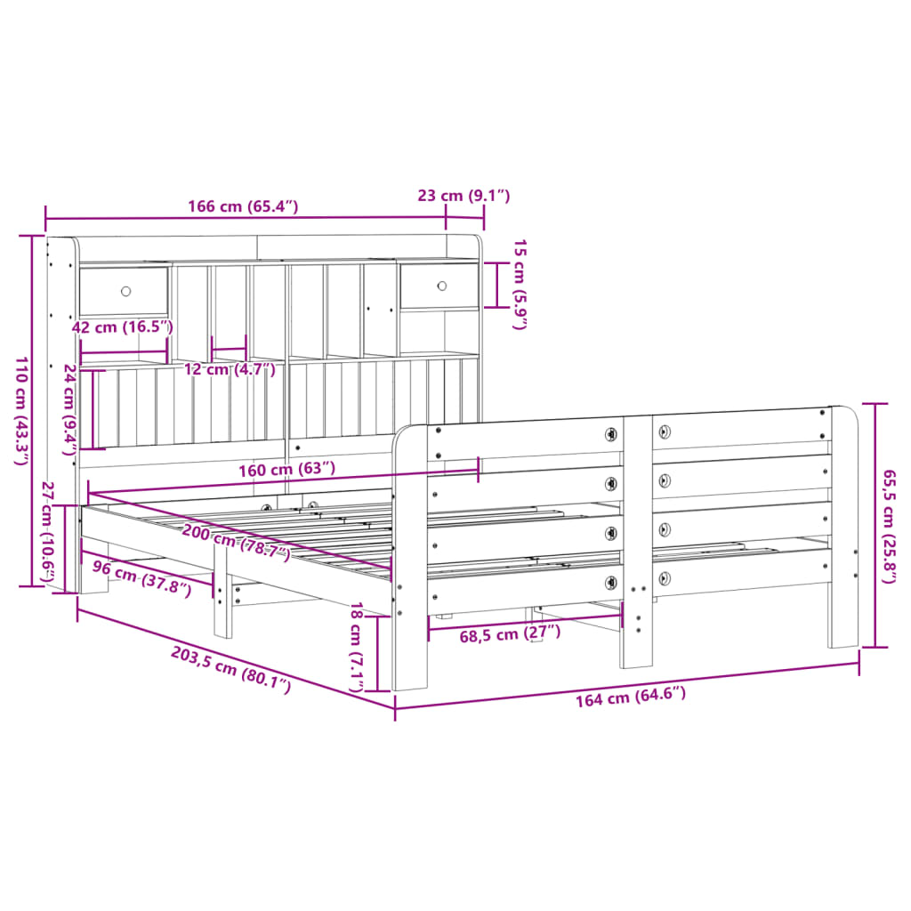 Lit bibliothèque sans matelas cire marron 160x200 cm pin massif - XIOS